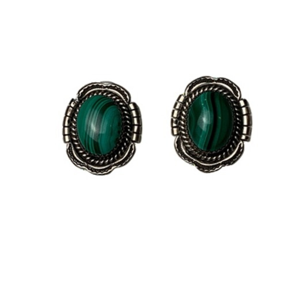 Sterling Silver Malachite Oval Cabochon Stud Earrings 1" Southwestern Design